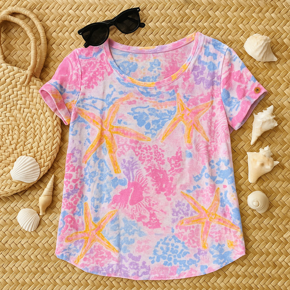 Lilly Pulitzer Inara Linen Top | Paradise Pink Bohemian Beach Starfish | Size M - Picture 2 of 7
